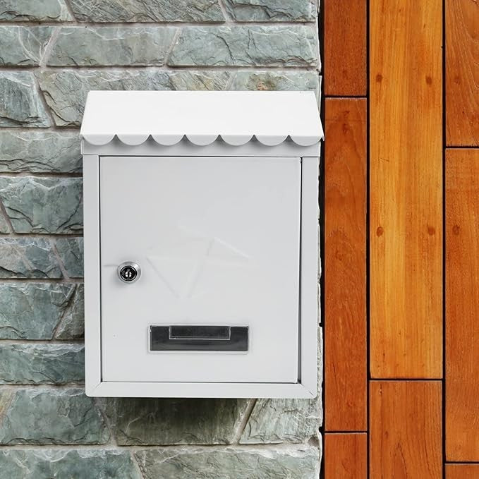 Locking Wall Mounted Mailbox White Iron Rainproof Outdoor Post Box