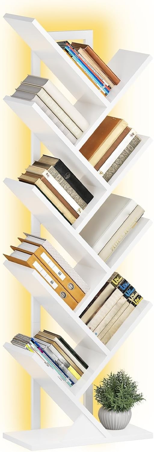 9 Tier Tree Bookshelf with LED Lights Modern Metal Frame Bookcase White