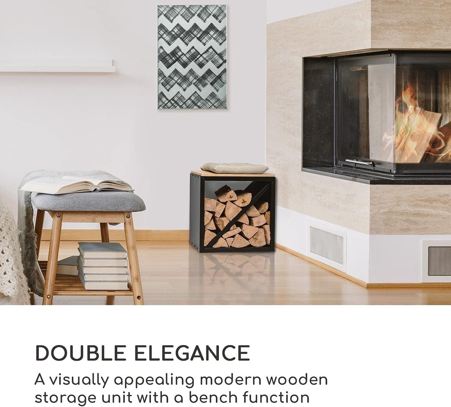 Firewood Storage Bench with Bamboo Top & Steel Frame – Stylish & Space-Saving