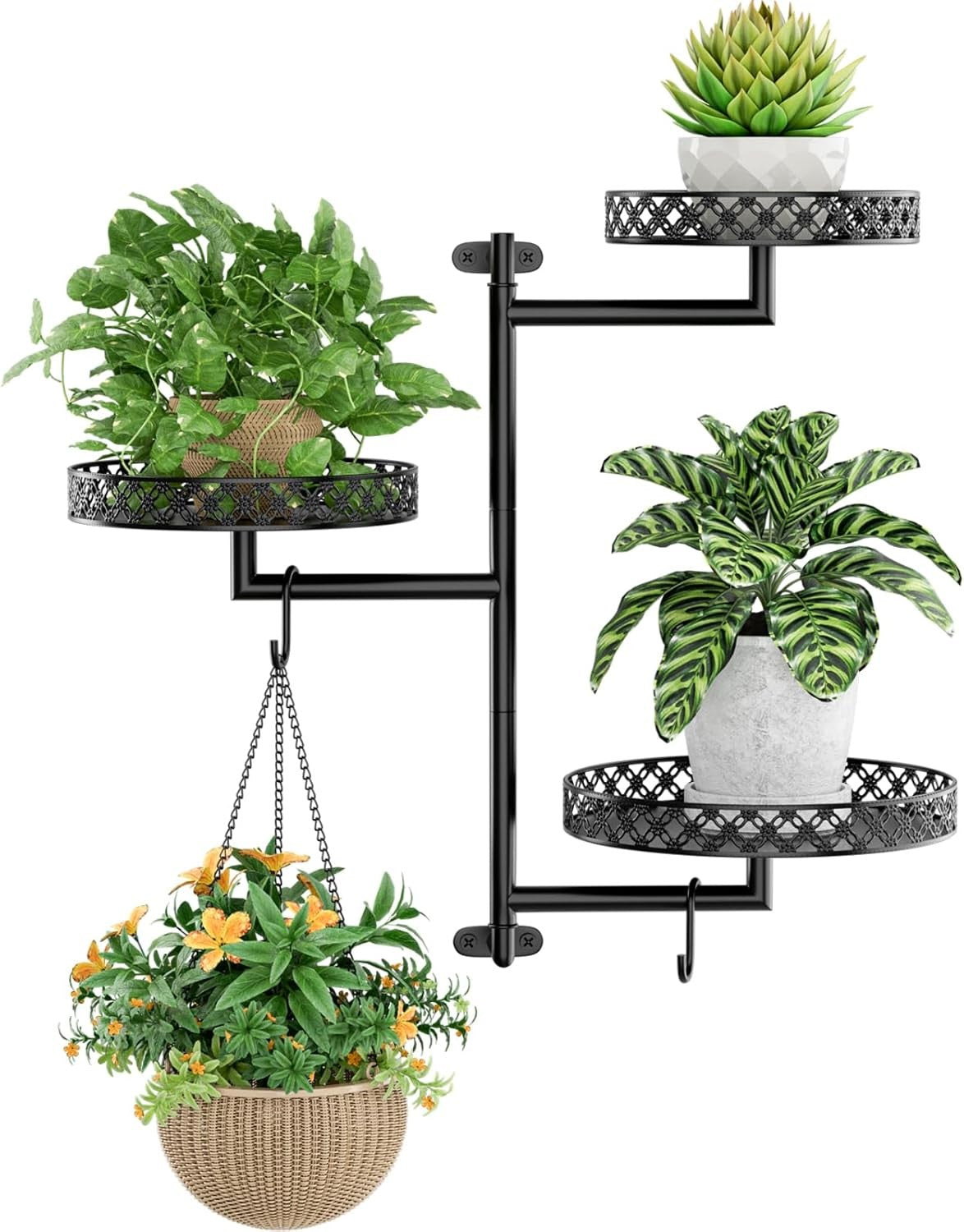 3 Tier Rotating Window Plant Shelf | Metal Wall Hanging Planter Rack with Hooks
