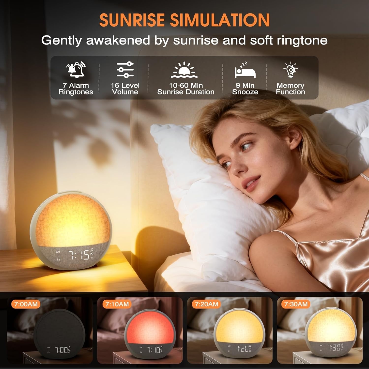 Sunrise Alarm Clock Wake Up Light White Noise Loud Alarm for Heavy Sleepers