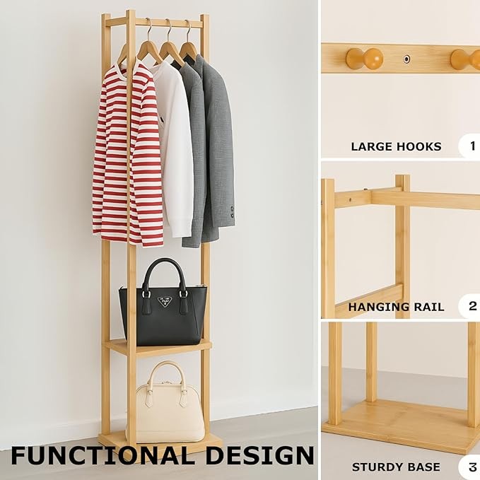 Wooden Coat Rack with 2 Shelves | Freestanding Bamboo Hall Tree Stand