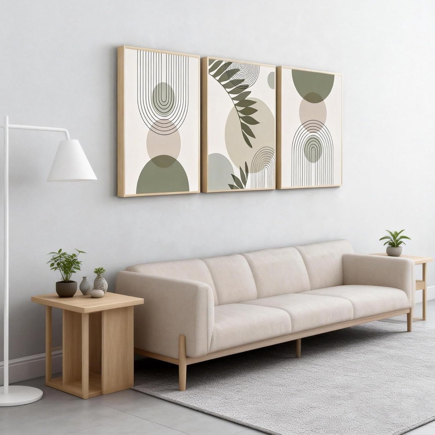 Large Sage Green Abstract Wall Art Set of 3 Framed Canvas Prints 16x24 Boho