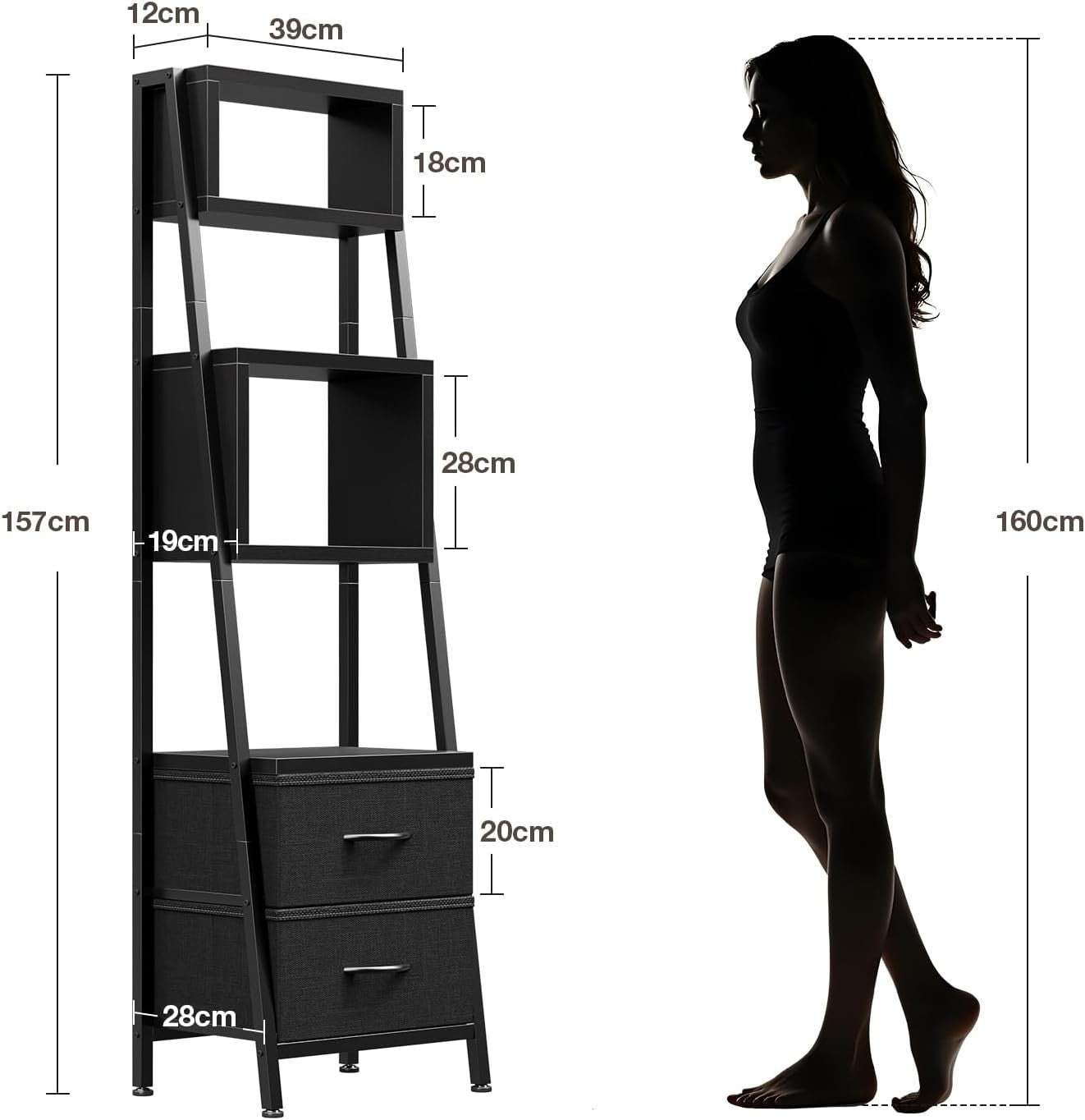 Narrow 5 Tier Bookcase with Drawers Tall Storage Shelf Unit Small Room Organiser