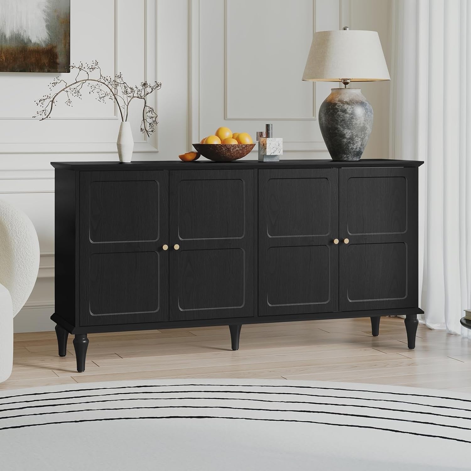 Mid-Century Black Sideboard with Wine Glass Rack, 4 Doors, Large Storage