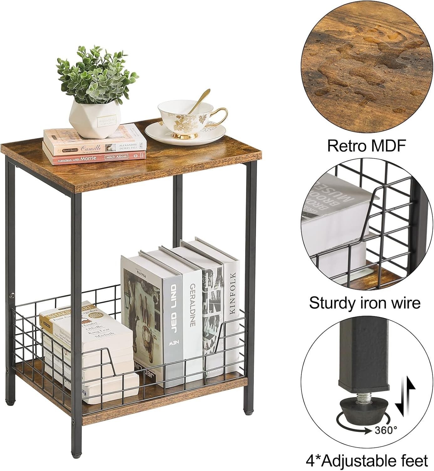 Rustic Brown Side Table with Storage Rack – Small Nightstand & Coffee Table