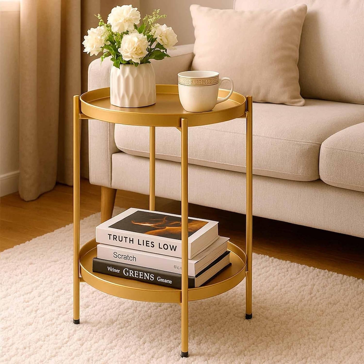 Gold Metal Round Side Table – 2 Tier Removable Tray, Small Coffee Table