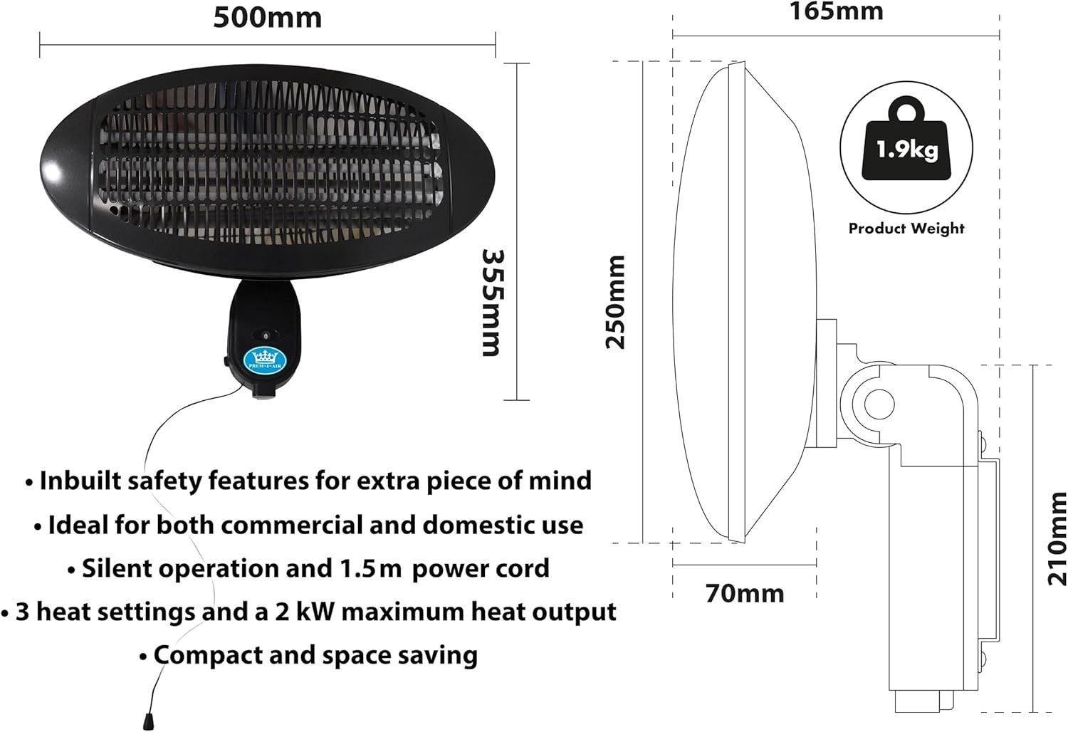Outdoor Electric Patio Heater 2kW Wall Mounted 3 Heat Settings Safe & Efficient