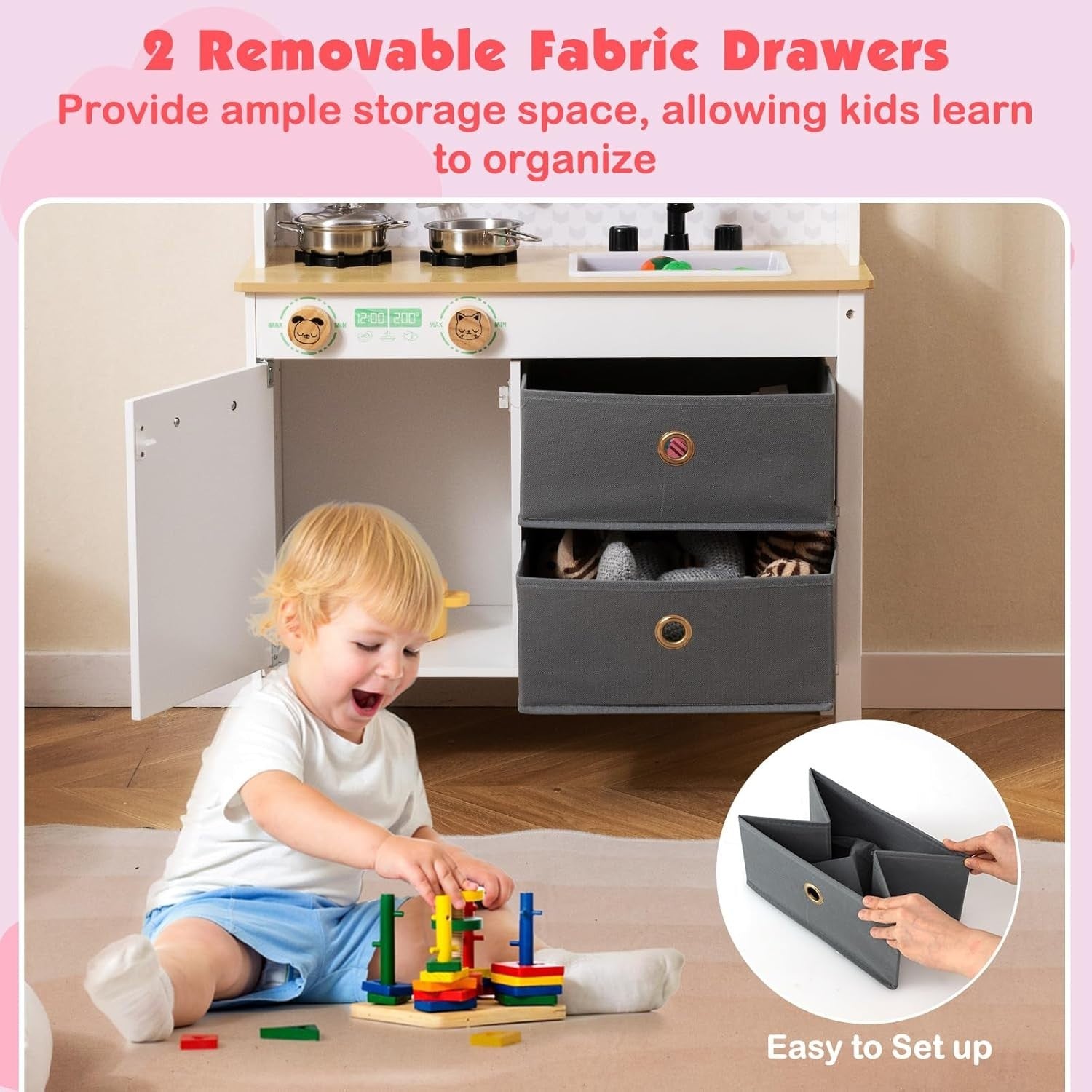 Wooden Kids Play Kitchen White Toy Set Sink Dishwasher Storage Stove