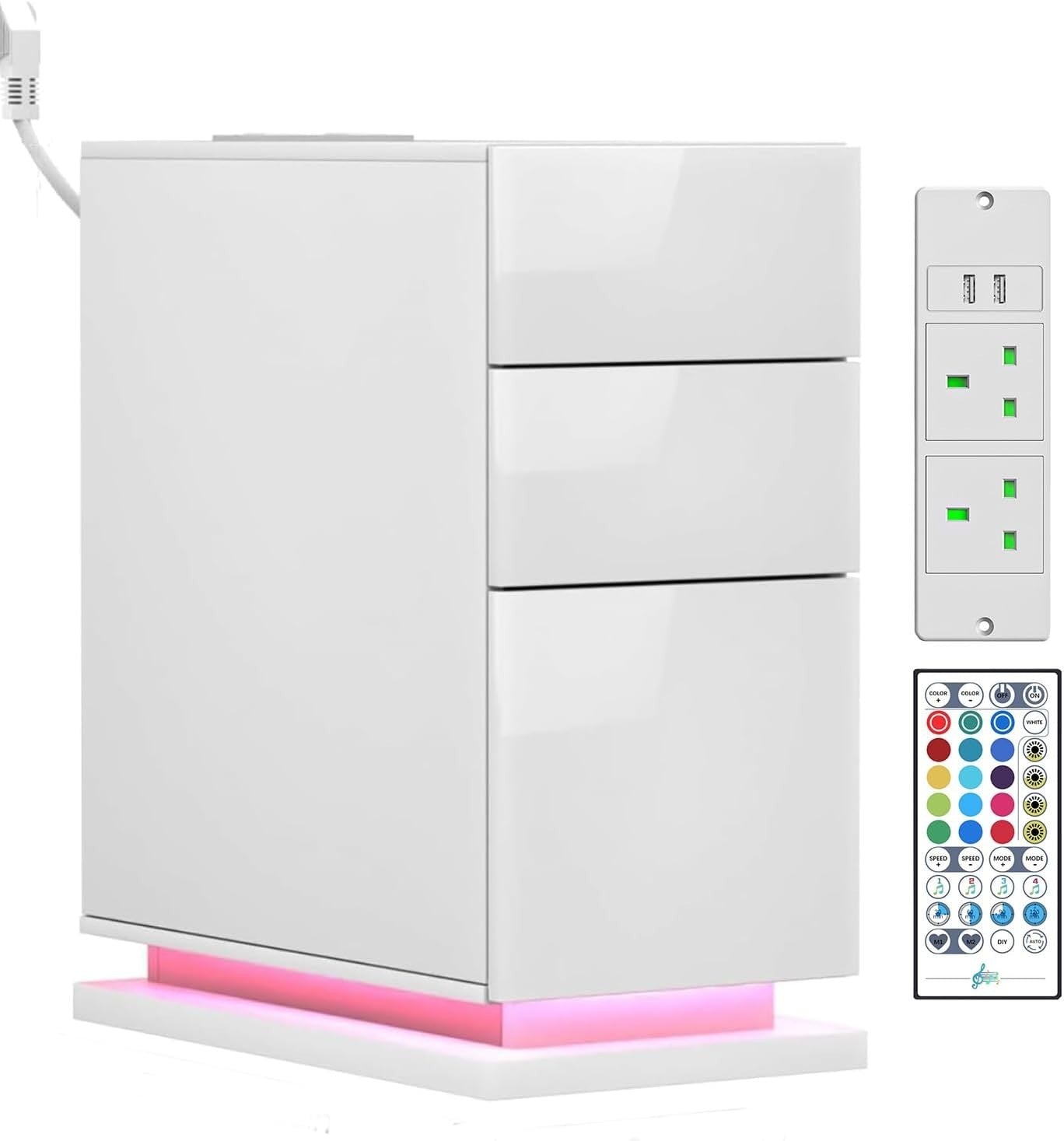 Modern LED Bedside Table with USB Charging, 3 Drawers, High Gloss Finish