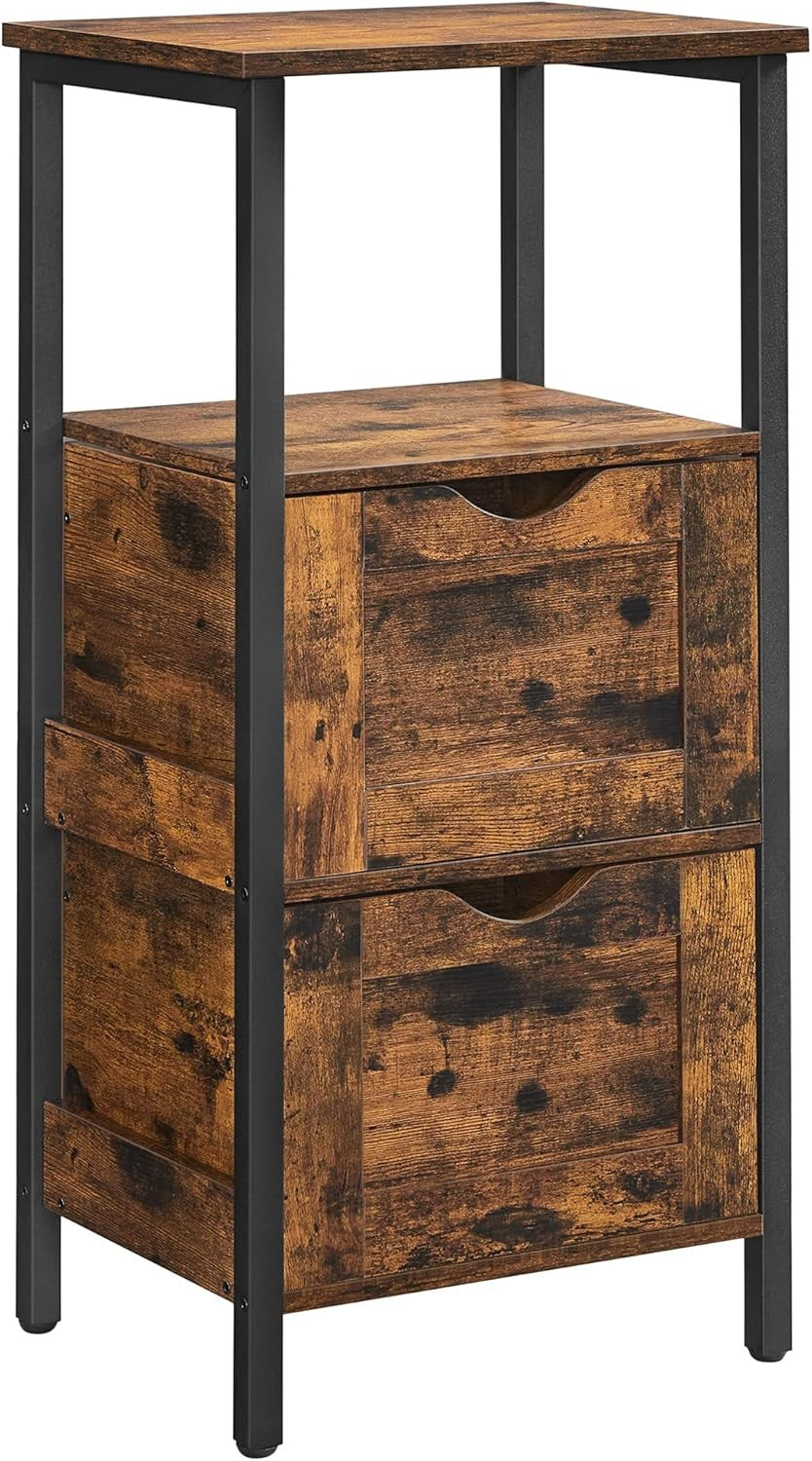Rustic Brown Bathroom Cabinet – 2 Drawers + Open Shelf Industrial Storage Unit
