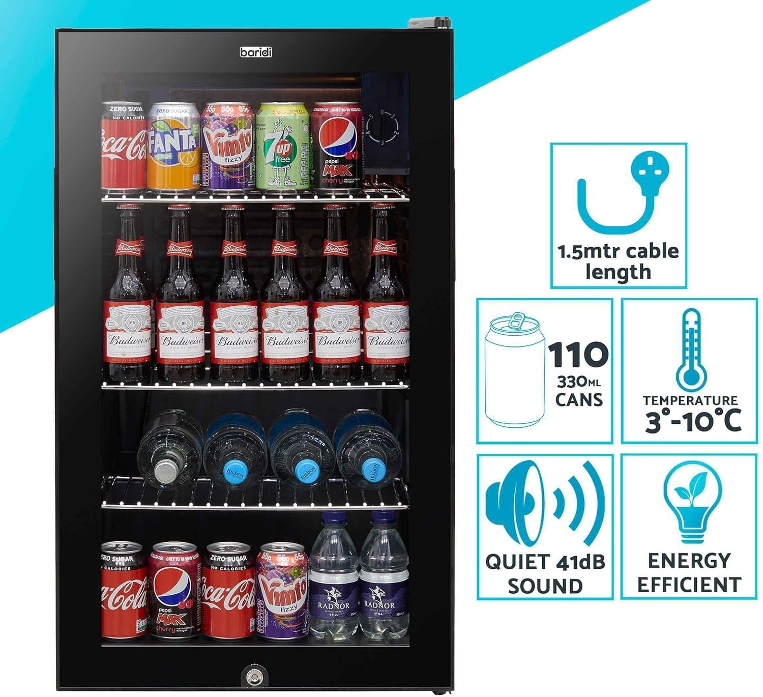 85L Under Counter Drinks Fridge Beer & Wine Cooler Glass Door LED Black