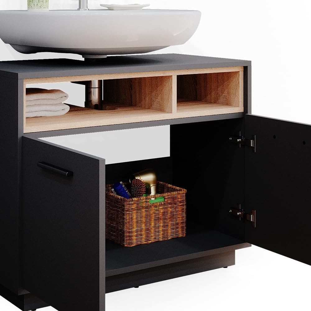 Anthracite Bathroom Sink Cabinet Vanity Storage Unit with Oak Shelves 80x64cm