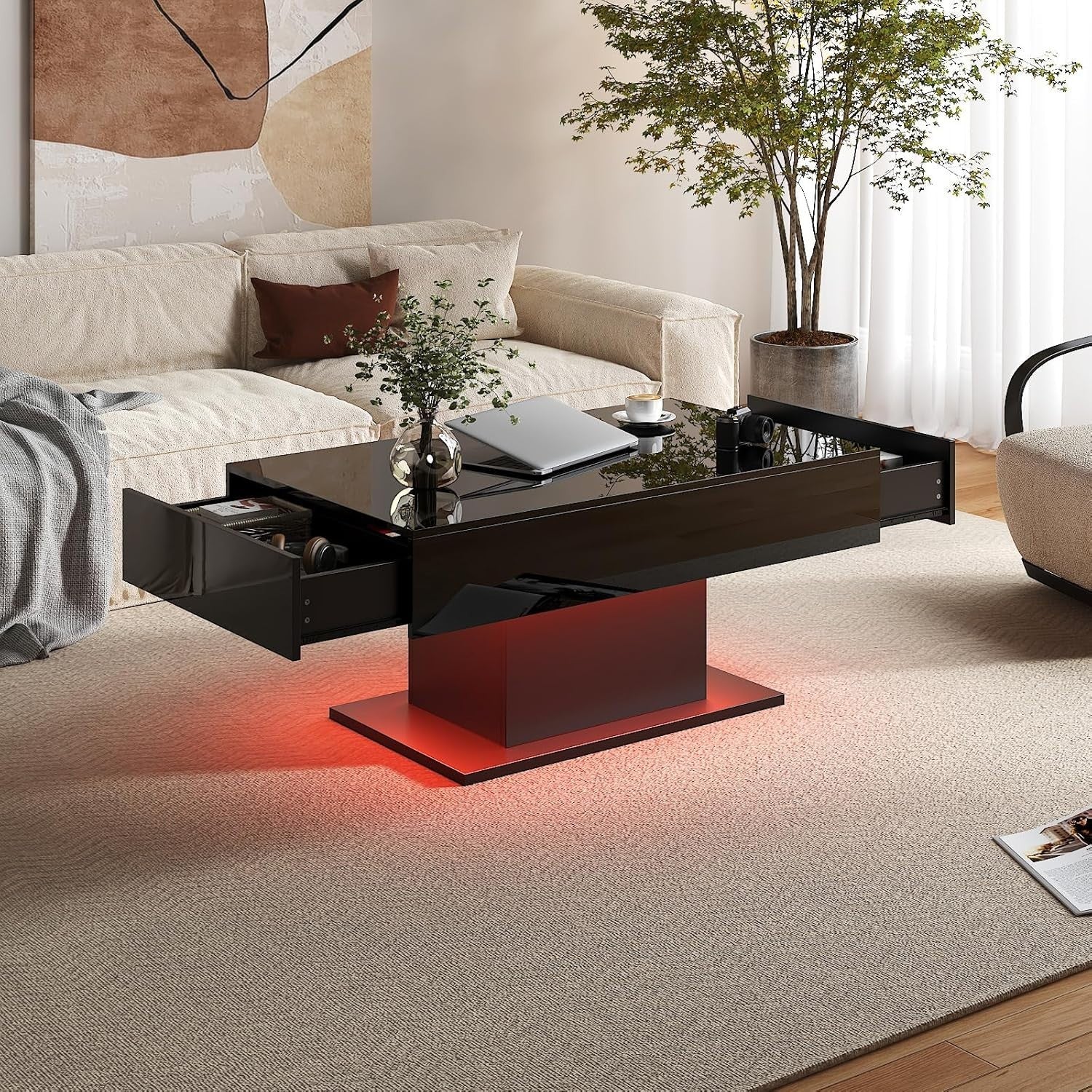 Modern LED Coffee Table with 2 Drawers, High Gloss Black 110x55cm