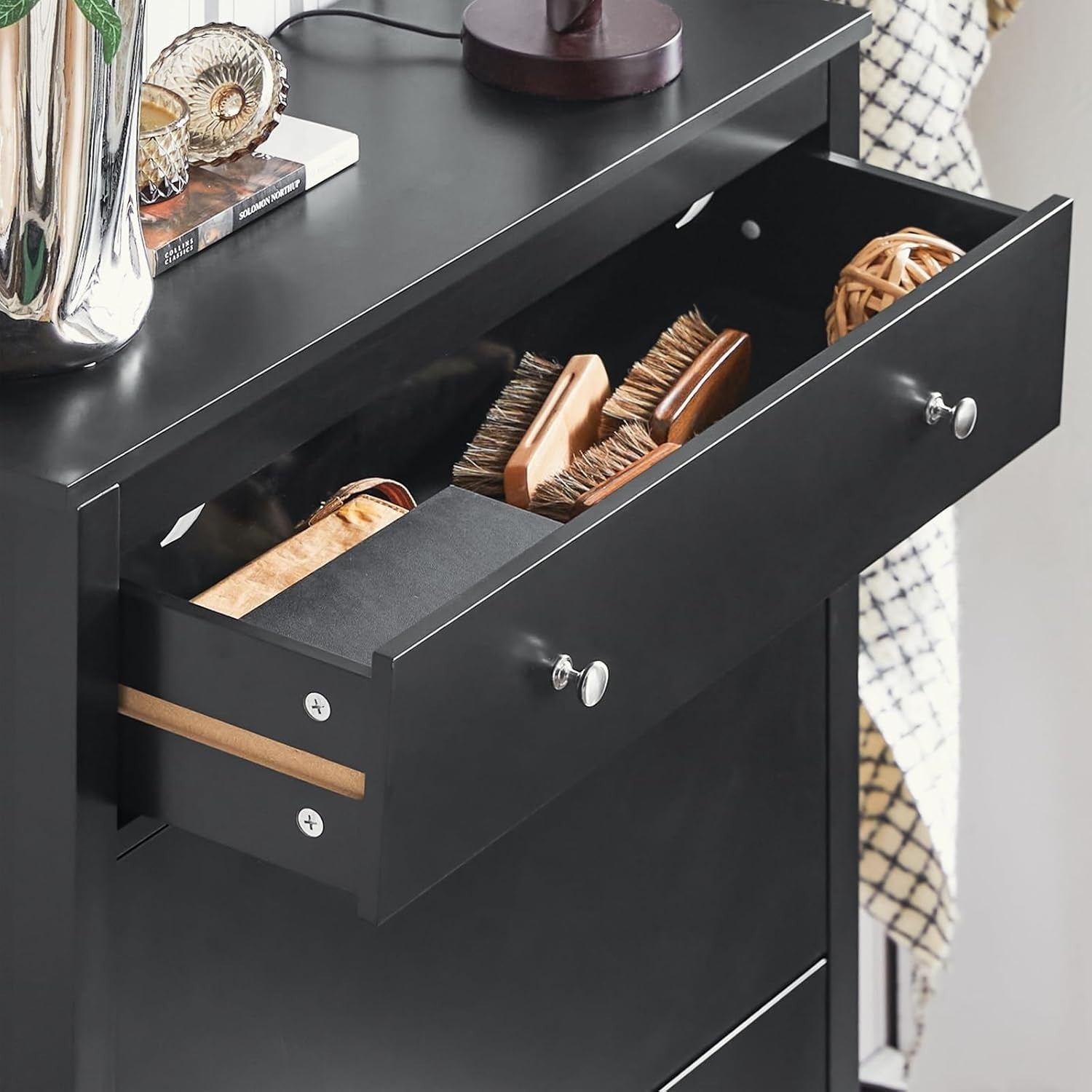 Slim Black Shoe Cabinet with Drawer & Drop Doors, Narrow Storage Unit 80x25x108c