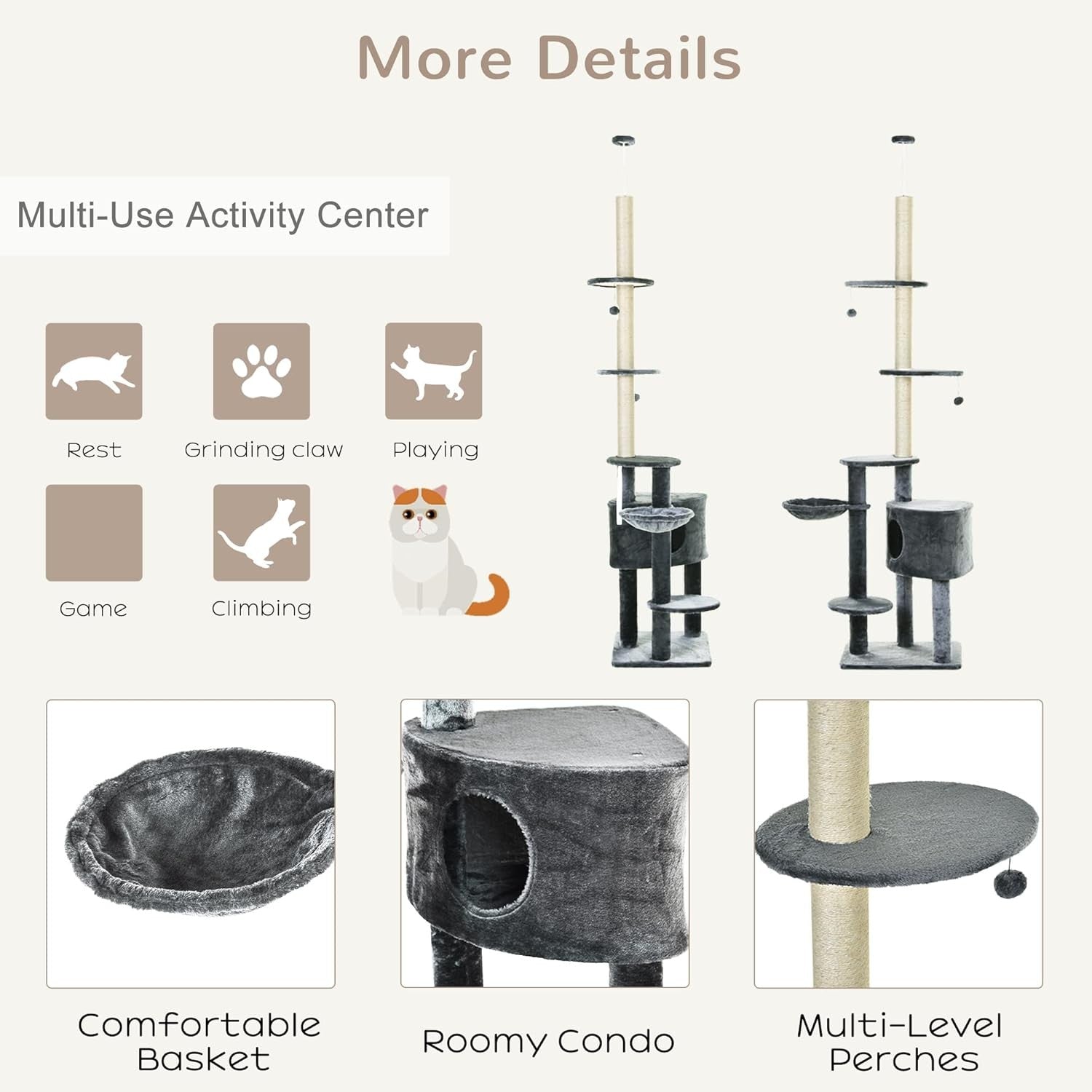 Tall Cat Tree Tower Adjustable 220–265cm 5 Tier Sisal Scratching Post