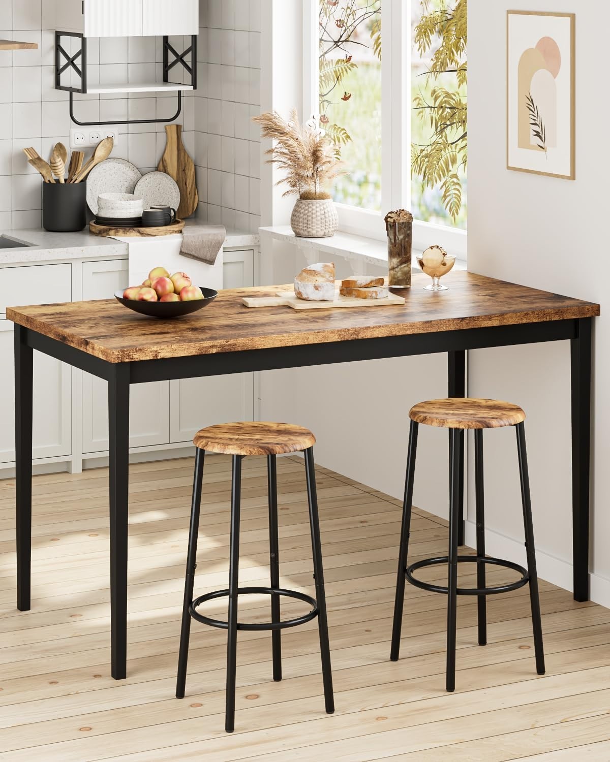 Set of 2 Rustic Brown Round Bar Stools Industrial Counter Footrest