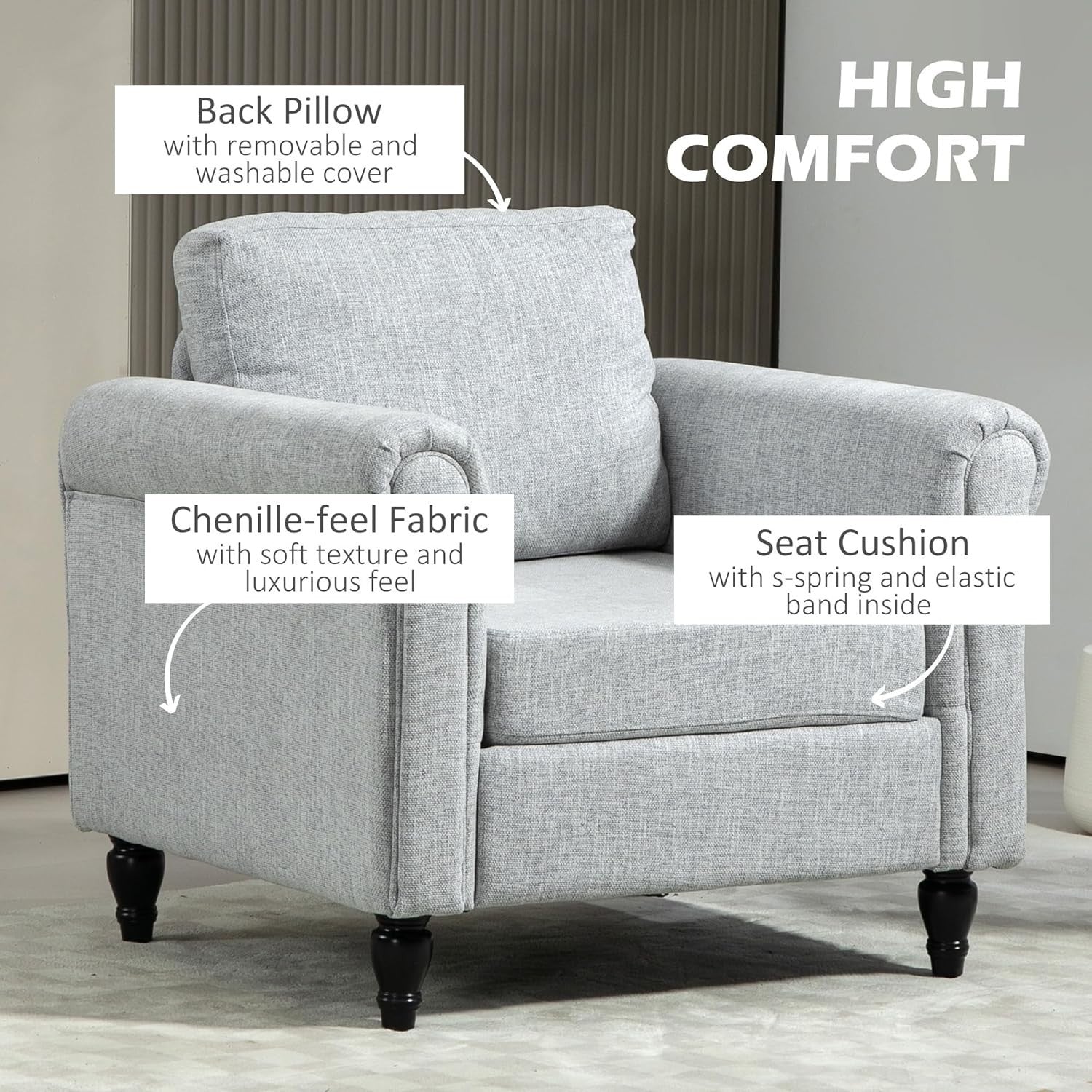 Grey Upholstered Accent Armchair with Back Pillow & Rubber Wood Legs