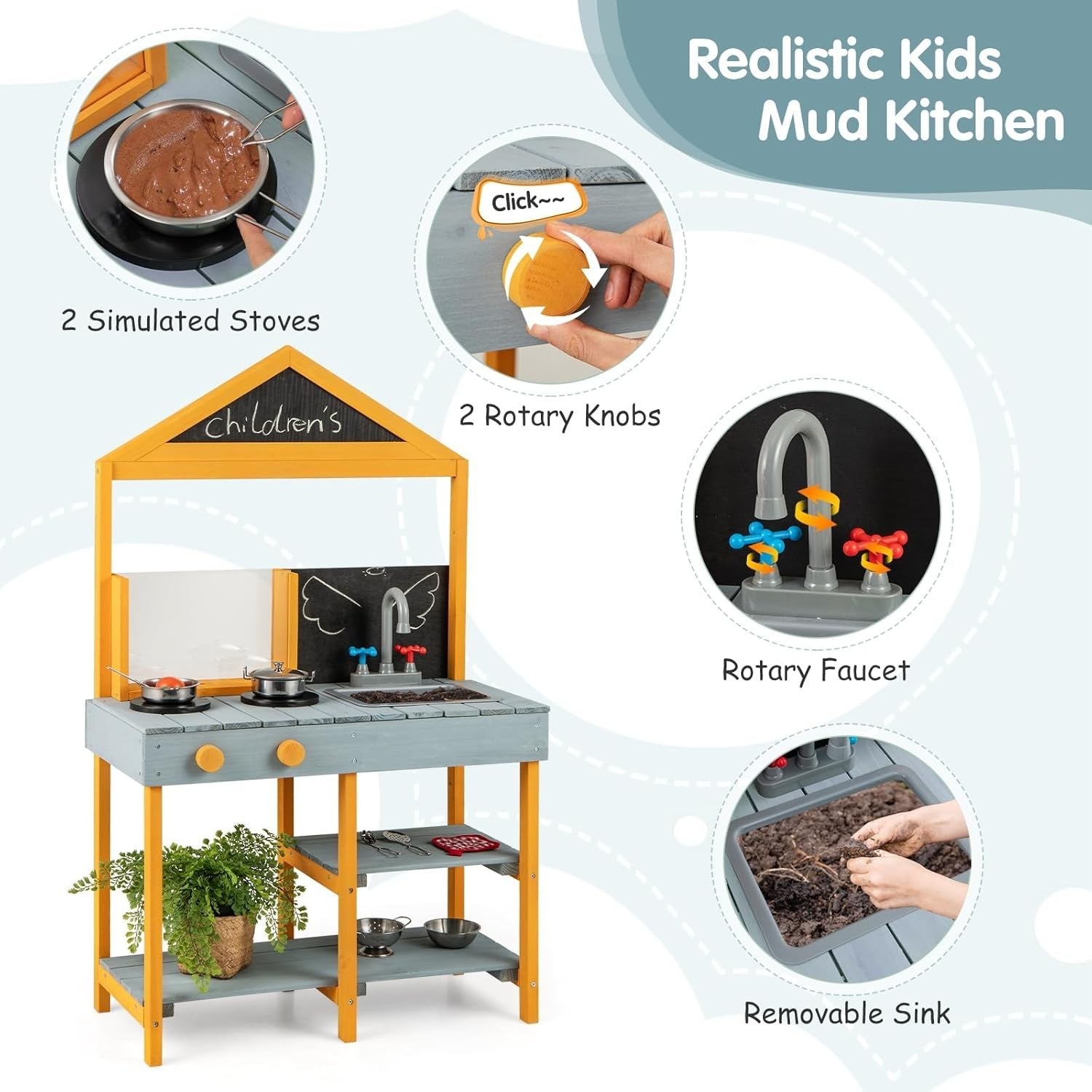 Outdoor Mud Kitchen Kids Playset w/ Planter Sink Chalkboard Toys