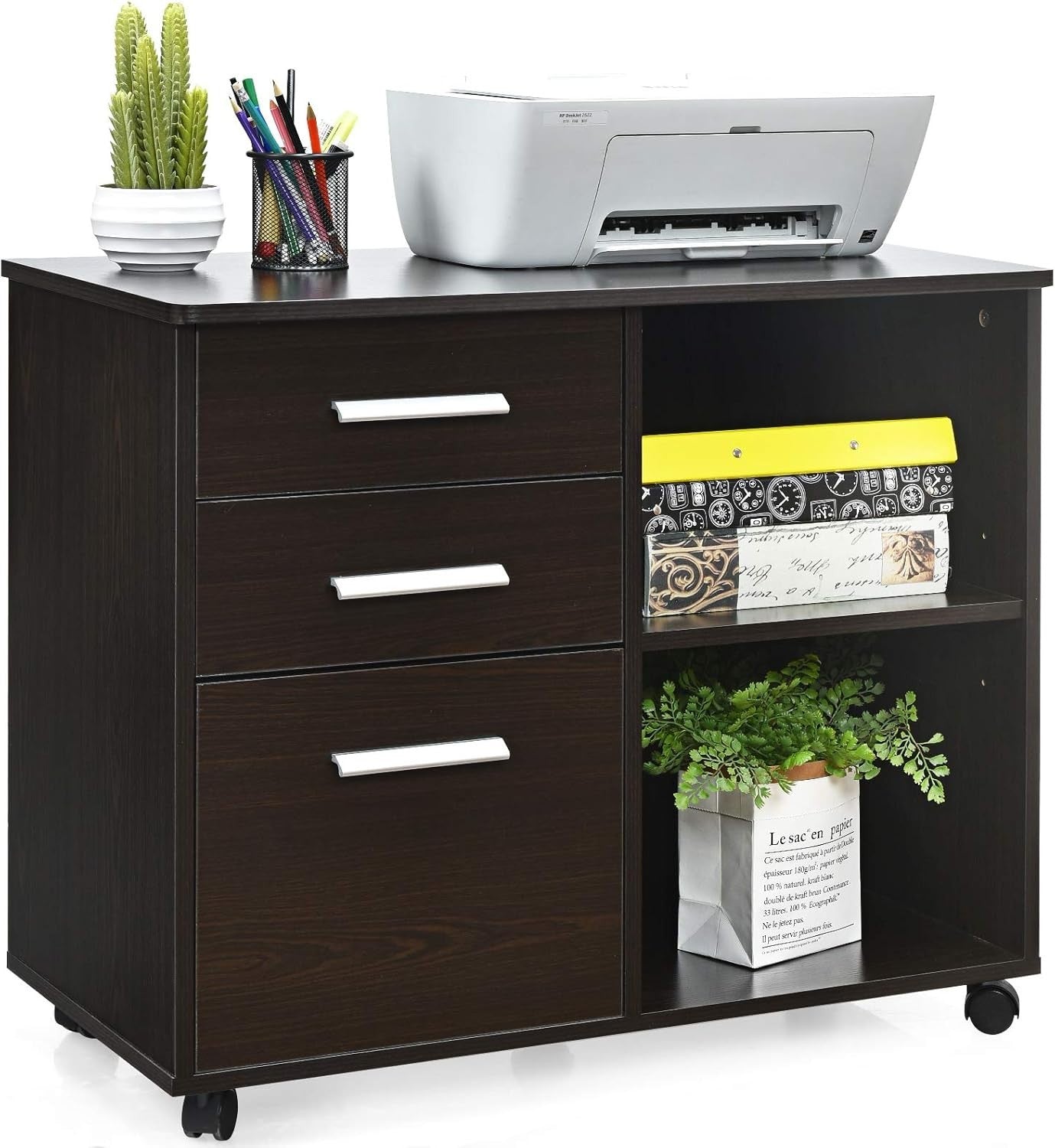 Coffee Lateral Mobile Filing Cabinet 3 Drawer Letter Printer Stand