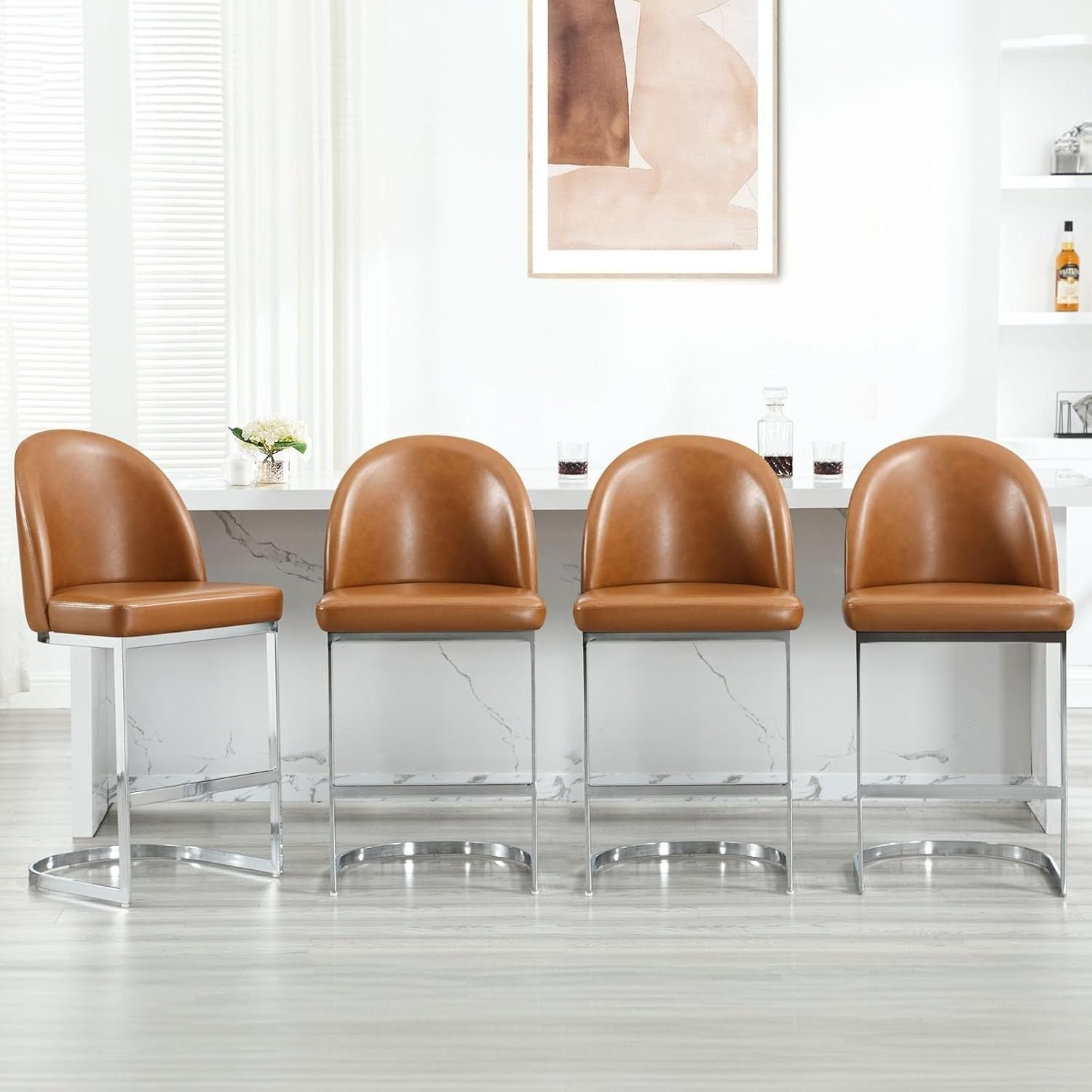 Brown PU Leather Bar Stools Set of 2 Swivel Kitchen Counter with Arms