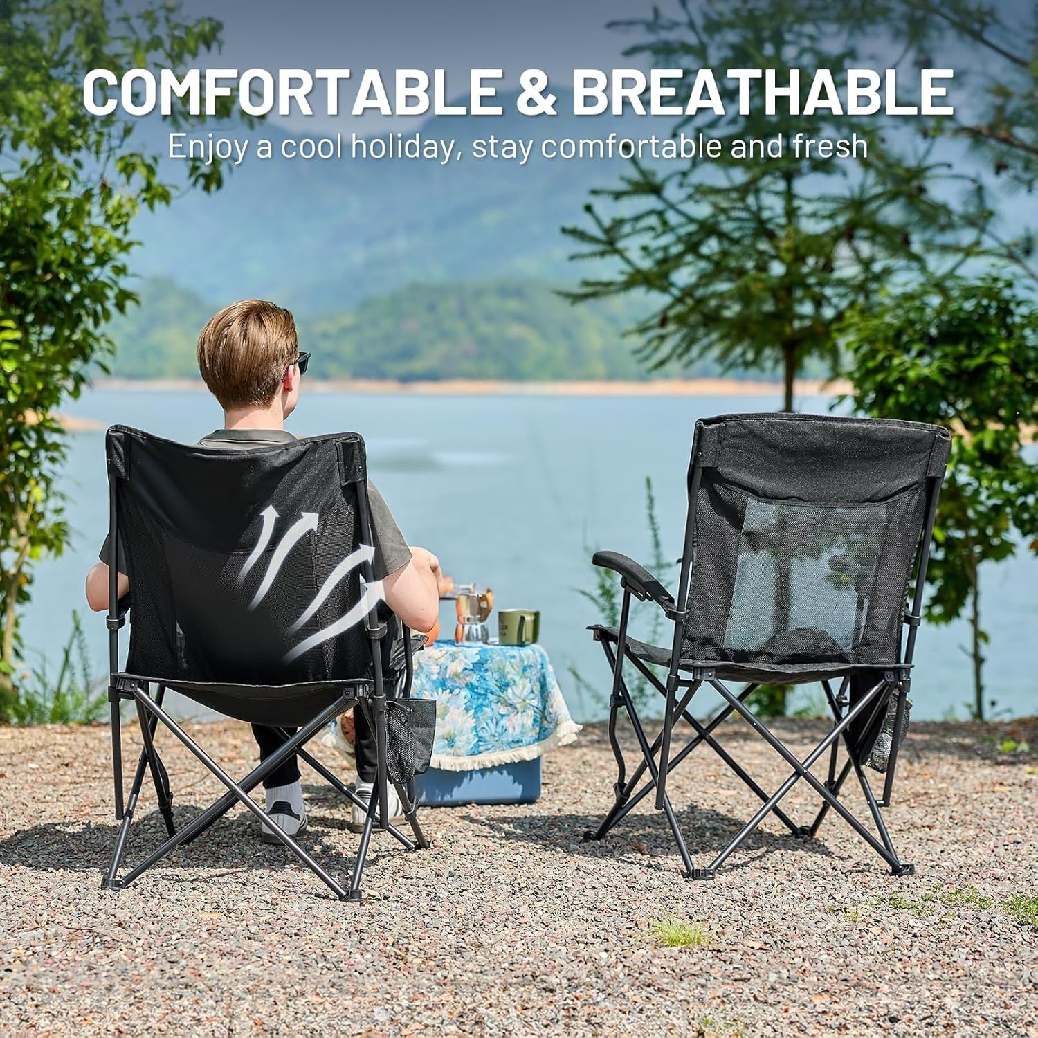 2x Folding Heavy Duty Camping Chairs 150kg Mesh Back Outdoor Garden BBQ