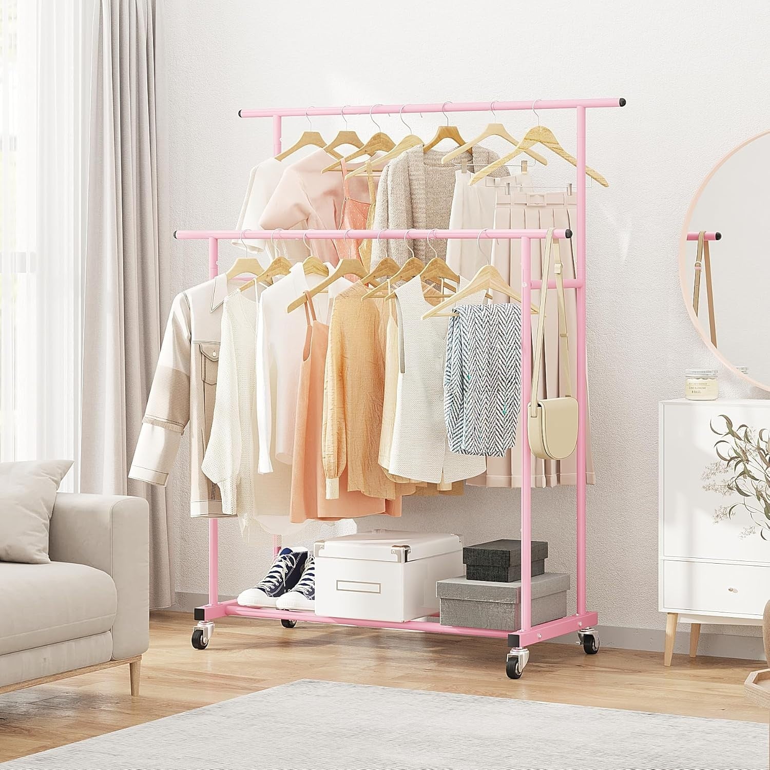 Pink Double Rod Clothes Rack with Wheels & Storage Shelf