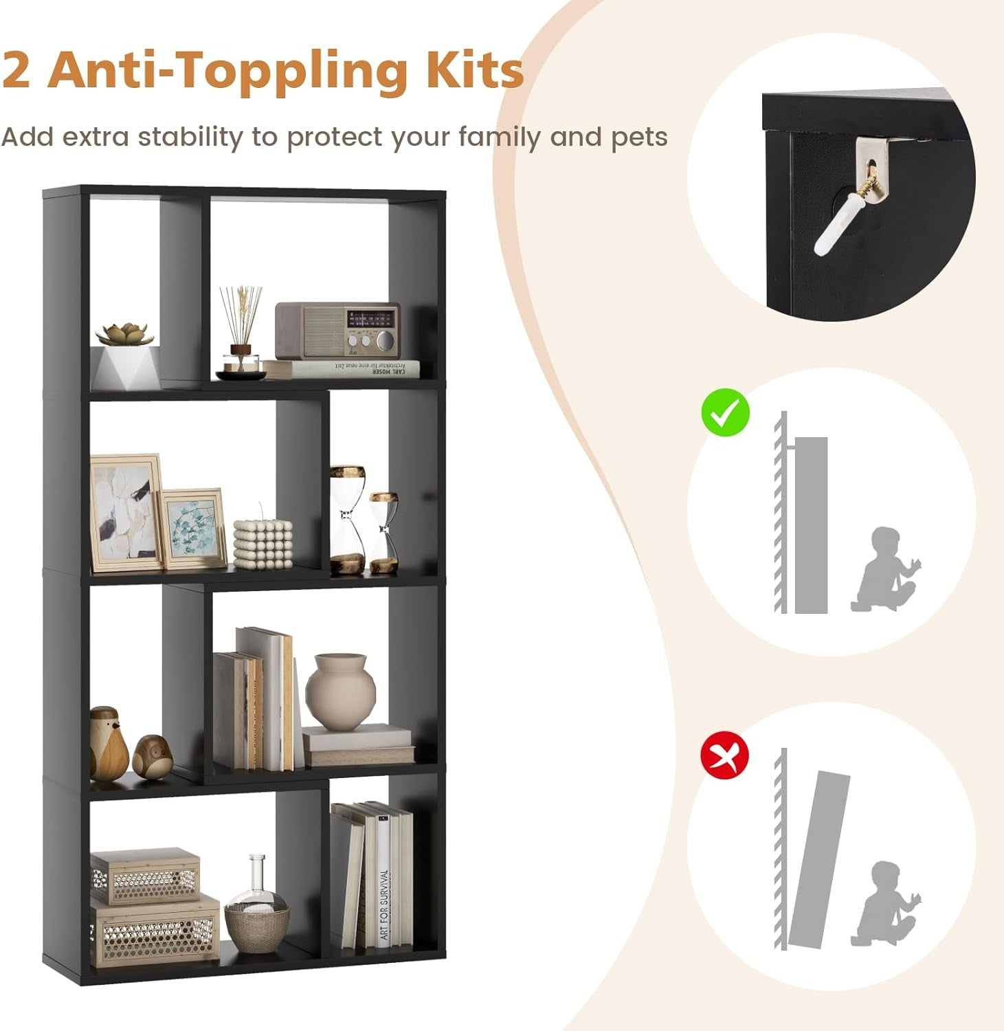 5-Tier Geometric Bookcase Modern Tall Cube Storage Shelf for Living Room Office