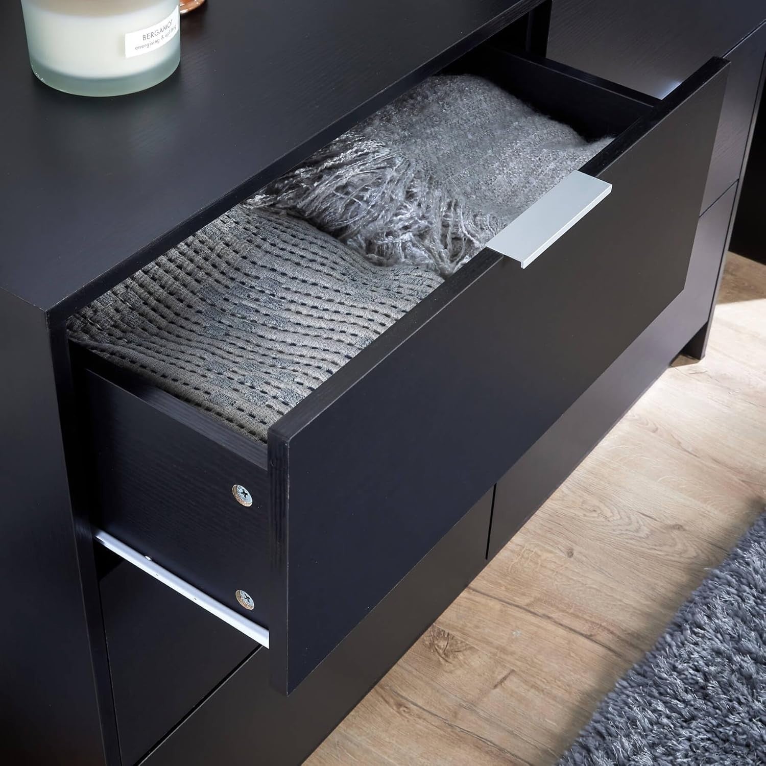 Black 6 Drawer Wide Chest Bedroom Storage Cabinet Modern Clothes Unit