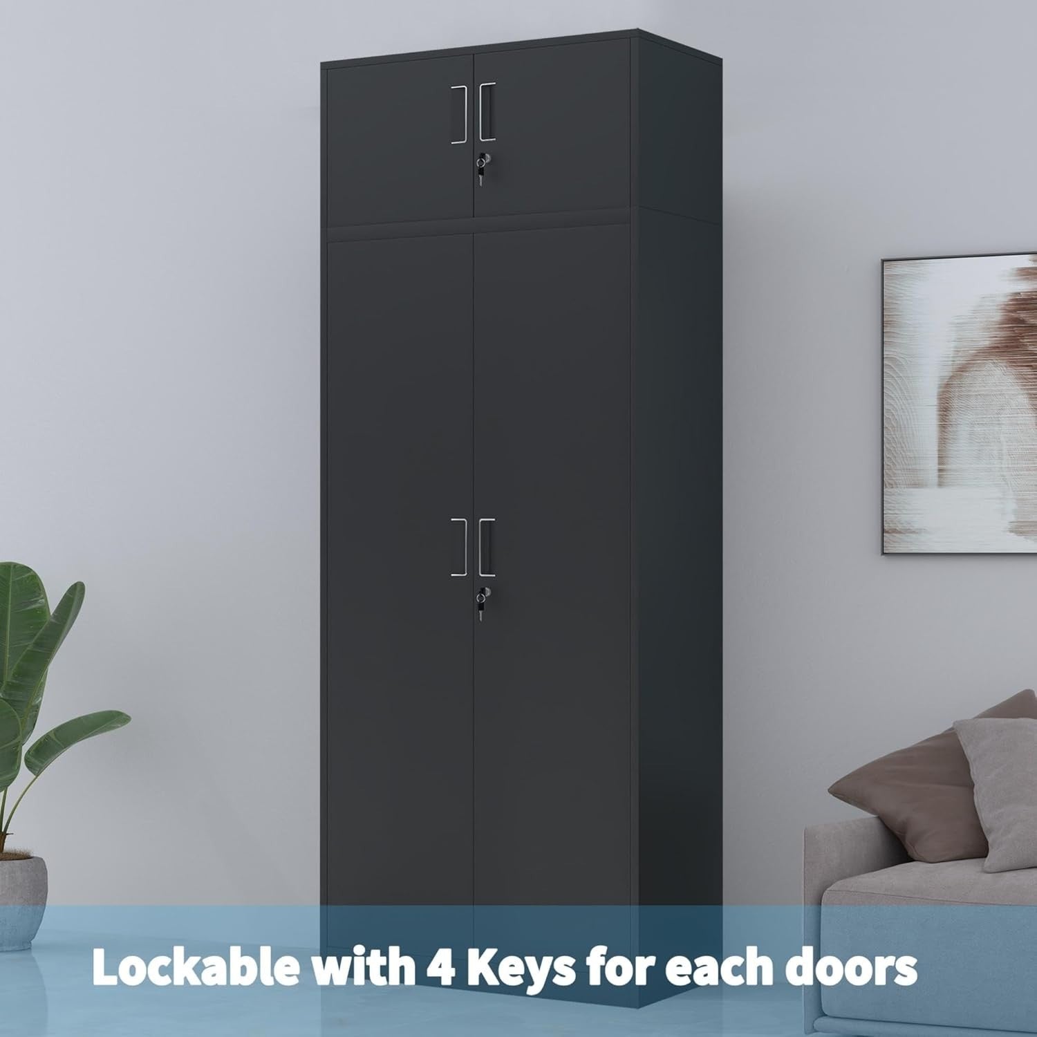 Tall Lockable Steel Storage Cabinet with Shelves, 220cm Metal Cupboard