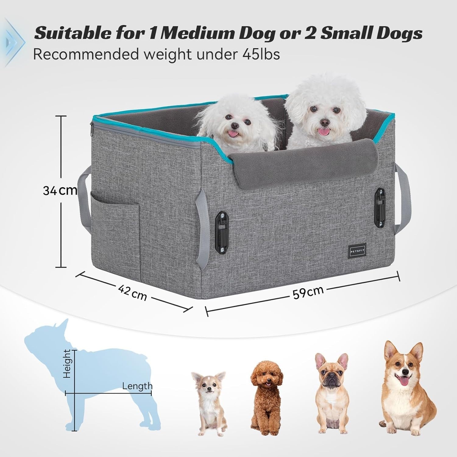 Dog Booster Car Seat Adjustable Height Travel Bed 25lb Grey Medium