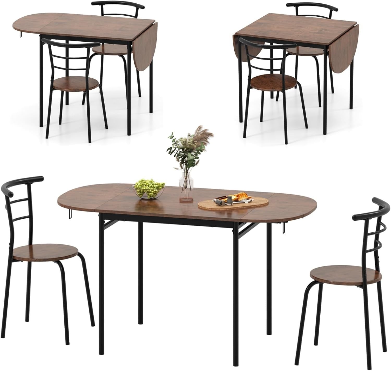 3PCS Folding Dining Table Set Rustic Brown Drop Leaf Chairs Space-Saving