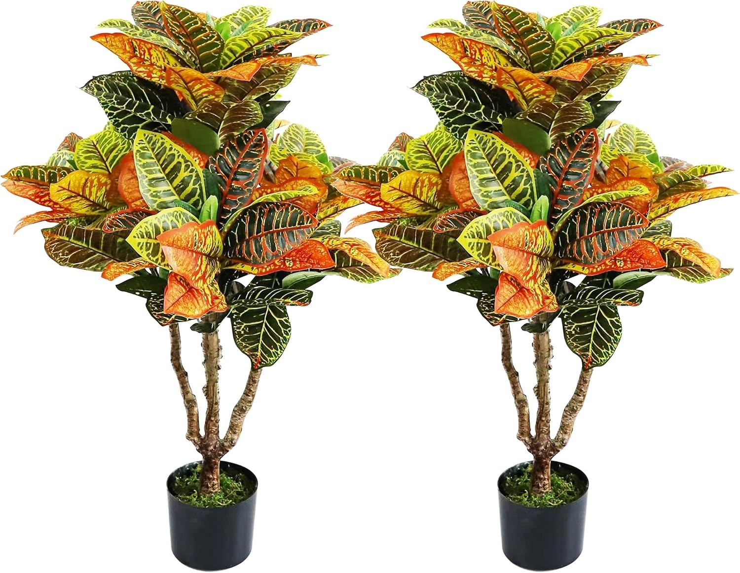 2PCS Croton Artificial Plants 35inch Faux Fiddle Leaf Trees Indoor Outdoor Decor