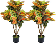 2PCS Croton Artificial Plants 35inch Faux Fiddle Leaf Trees Indoor Outdoor Decor