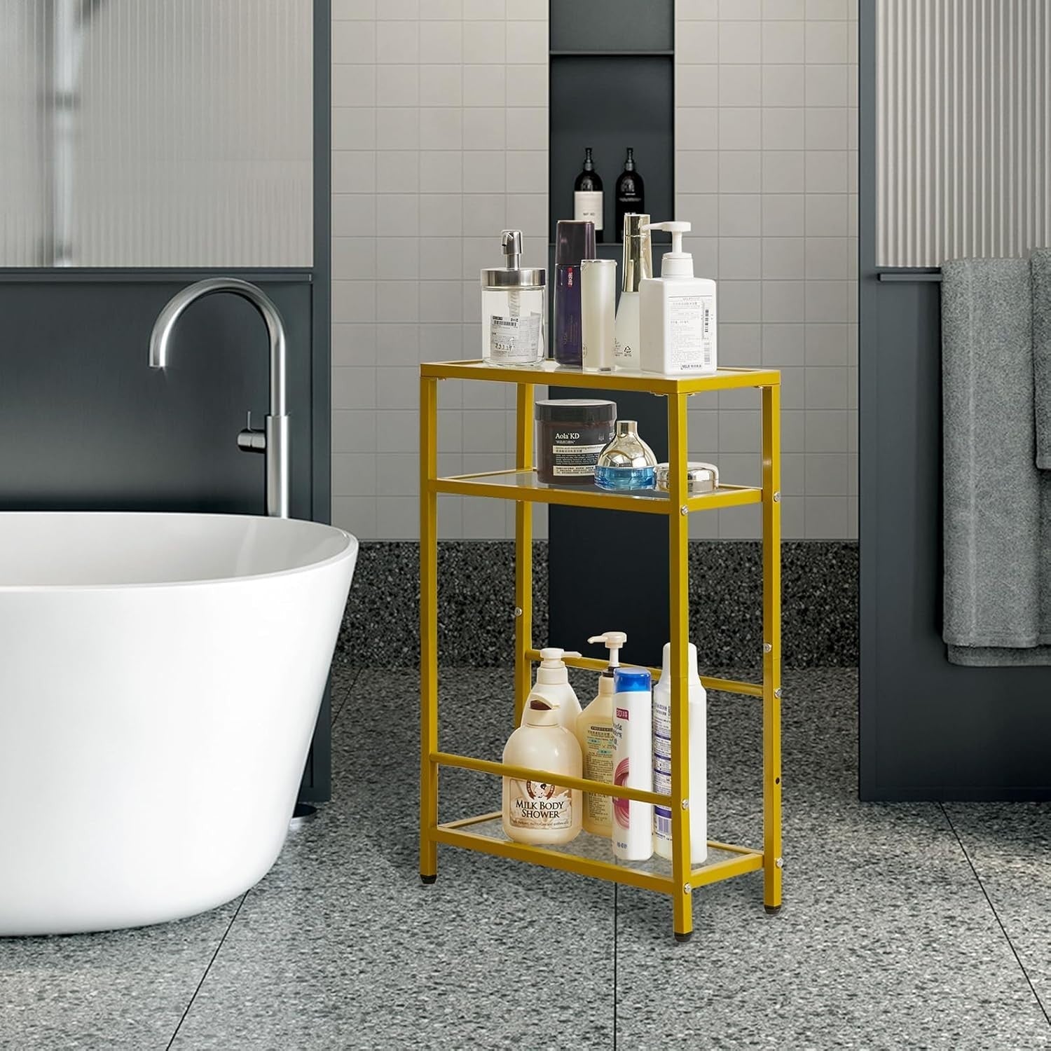 Slim Glass Side Table Gold 3 Tier Narrow End Table with Storage for Sofa Bed