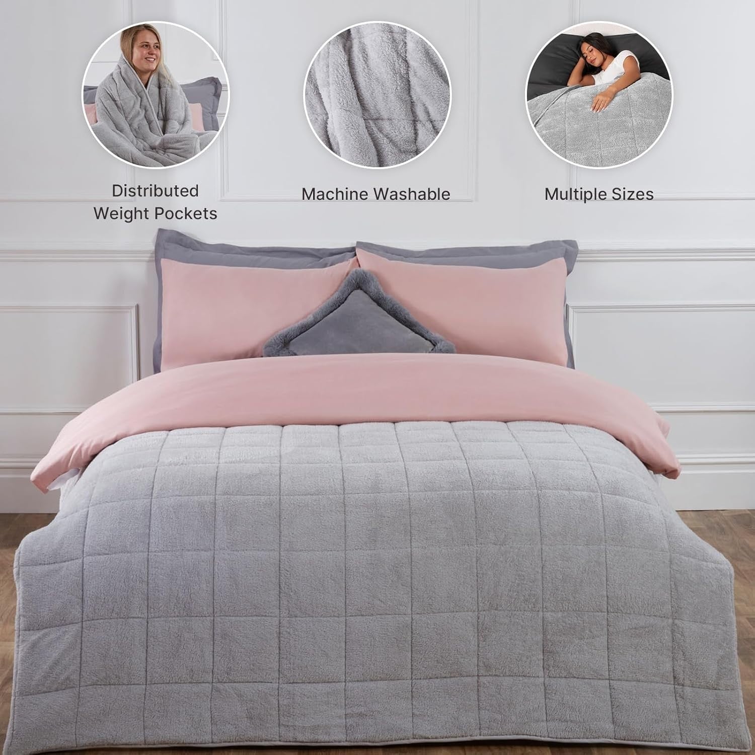 Teddy Fleece Weighted Blanket Silver Grey 8kg 150x200cm Calming Comfort