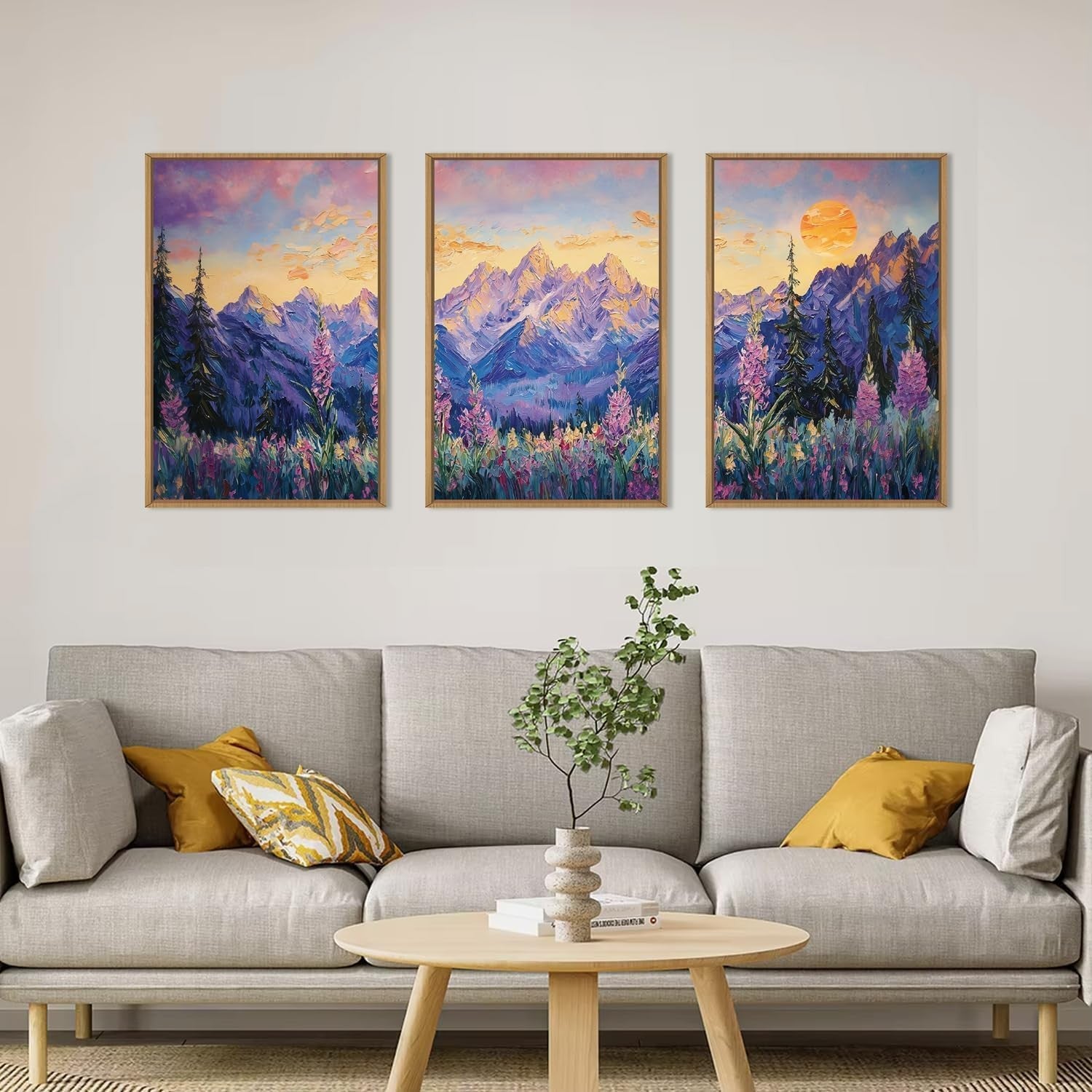 Purple Sunset Mountain Framed Canvas Wall Art Set 3 Nature Landscape Decor