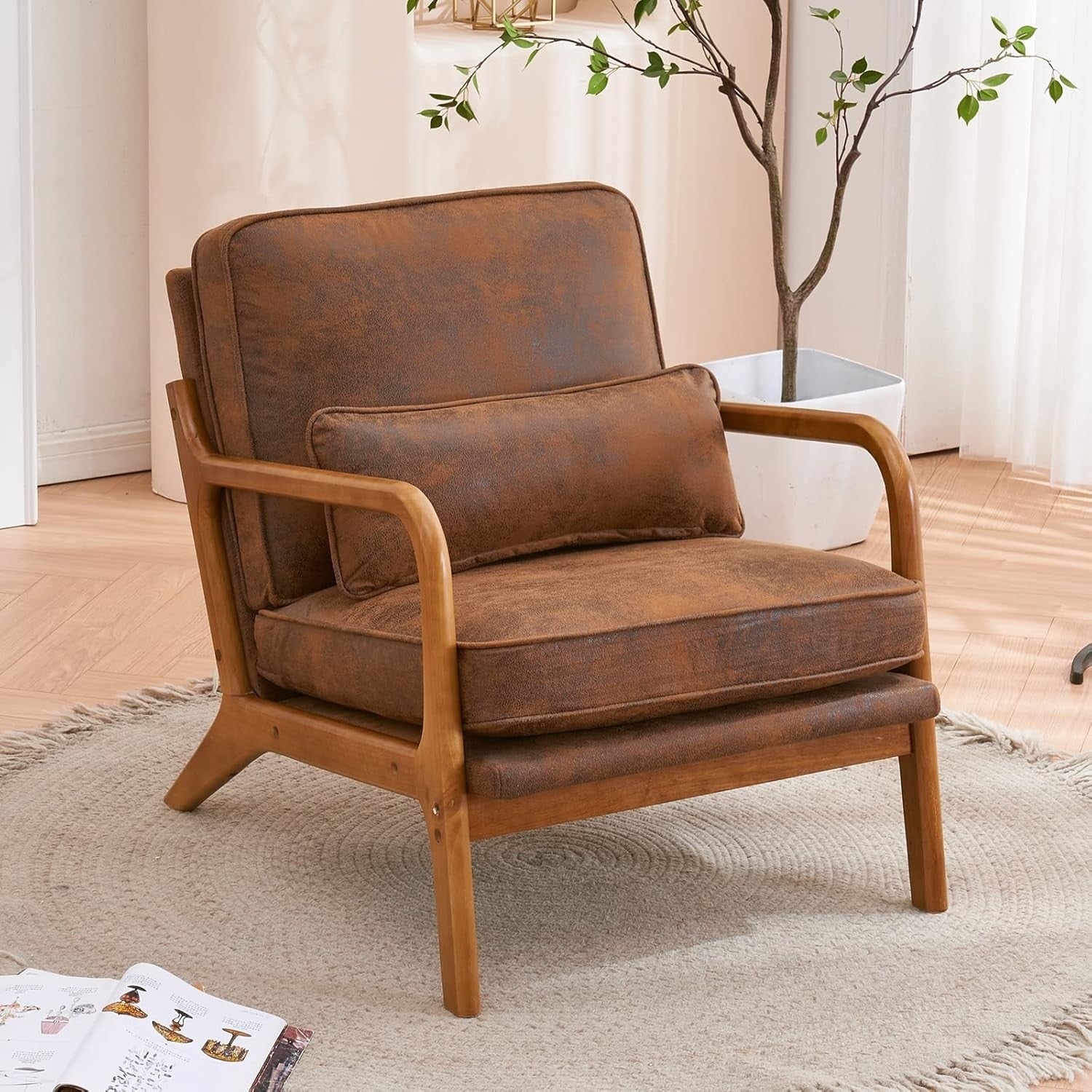 Brown Leather Accent Armchair Solid Wood Lounge Wide Arm Chair