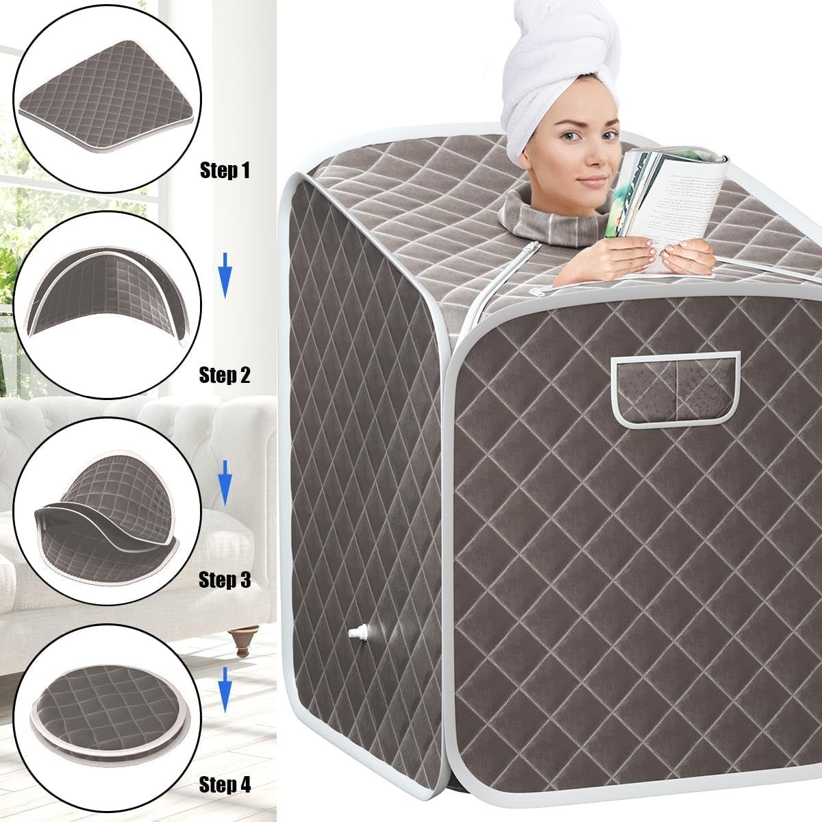 Portable Steam Sauna Tent Grey Home Spa 1000W Fast Heat Remote Chair Foot Roller