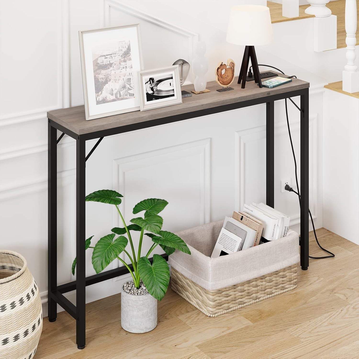 Narrow Console Table with USB-C Charging Station, Compact 100x23x80cm