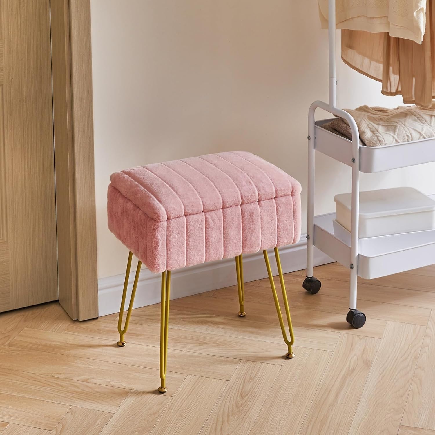 Pink Velvet Storage Footstool with Metal Legs – Rectangular Vanity Stool