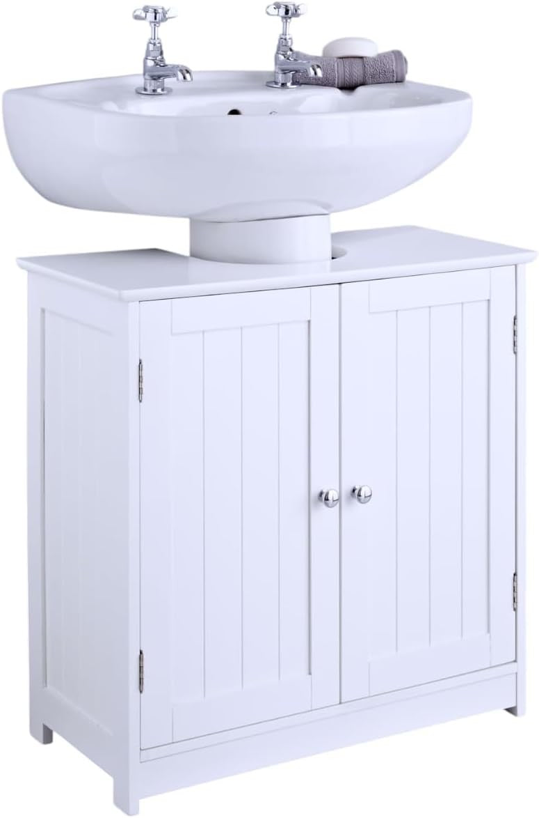 White Under Sink Bathroom Cabinet – 2 Door Vanity Cupboard with Storage Shelves