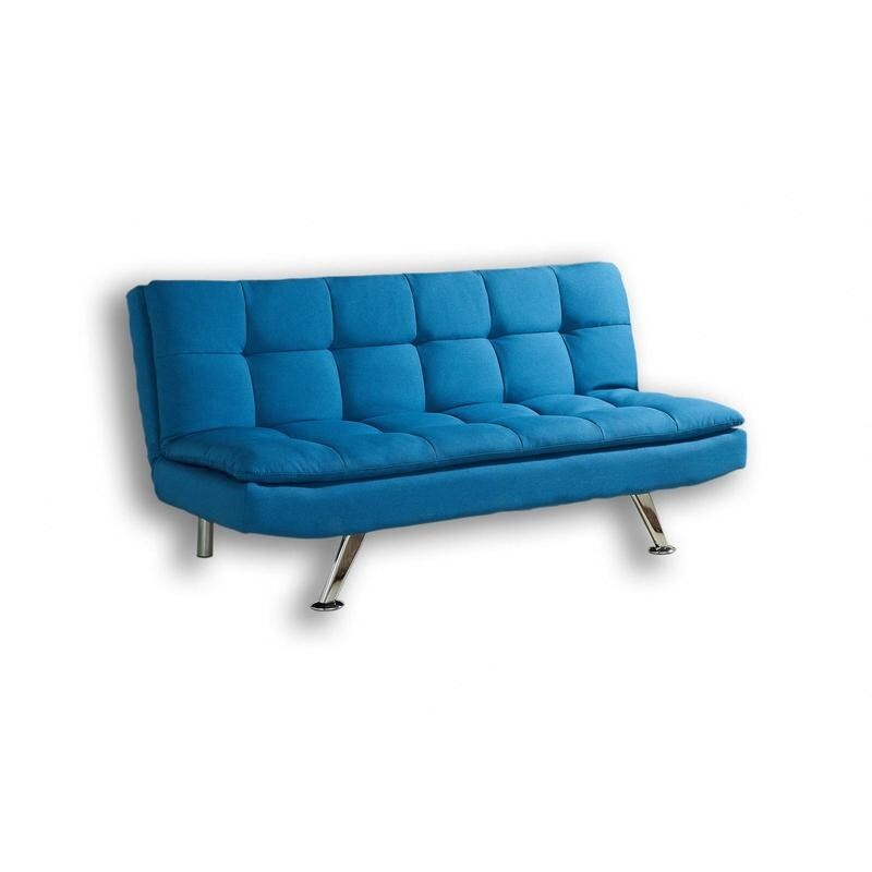 Blue 3 Seater Sofa Bed Click Clack | Cube Design Padded Fabric Chrome Legs