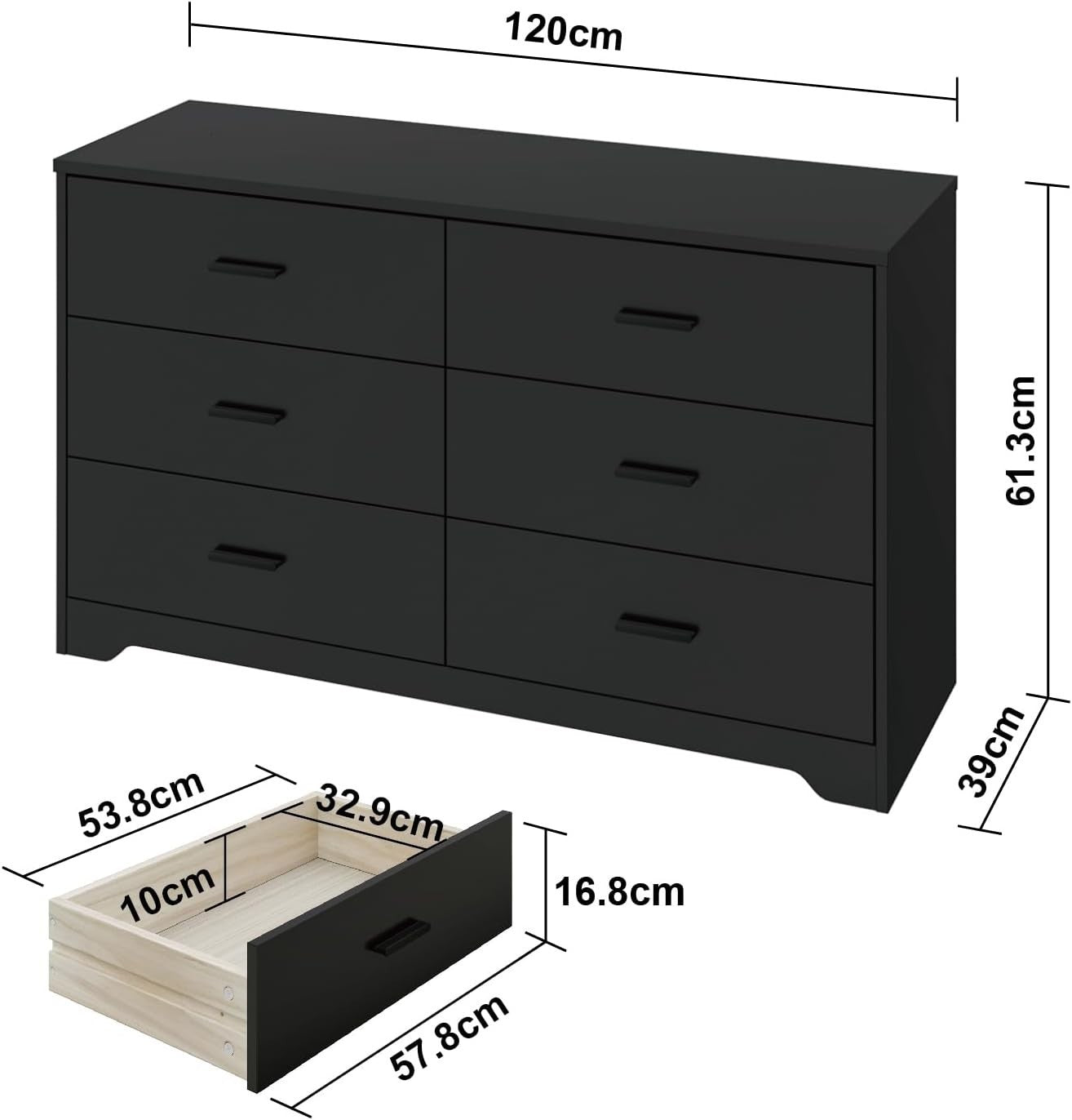 Black 6 Drawer Wooden Chest Storage Cabinet Bedroom Organizer Unit