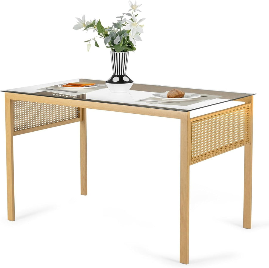Boho Glass Dining Table Rectangular 120x70x75cm Metal & Rattan 4-6 Seater