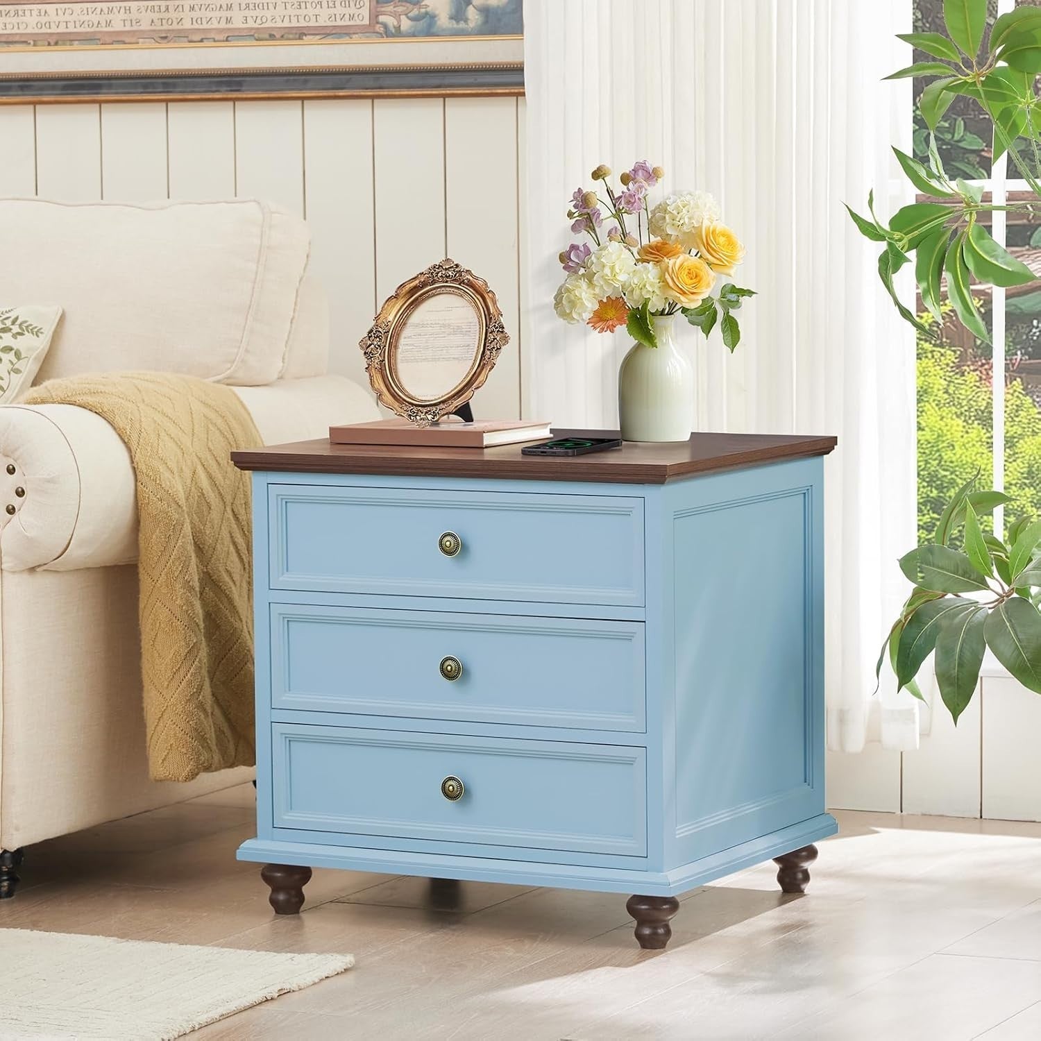Light Blue Wooden Bedside Table with Drawers – Country Style Nightstand