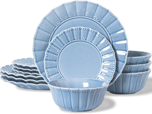 12 Piece Porcelain Dinner Set Blue Plates Bowls Microwave Dishwasher Safe