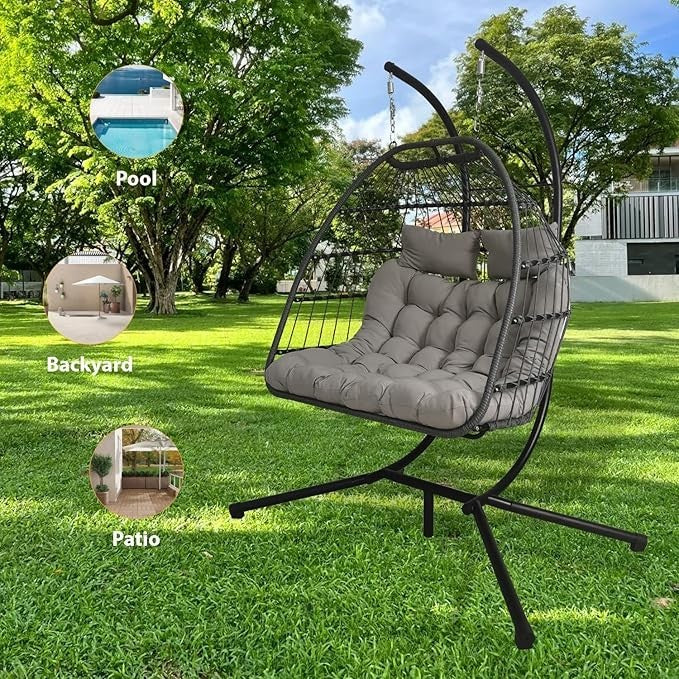 Double Egg Chair Rattan Hanging Swing w/ Stand & Cushions Indoor Outdoor 240kg