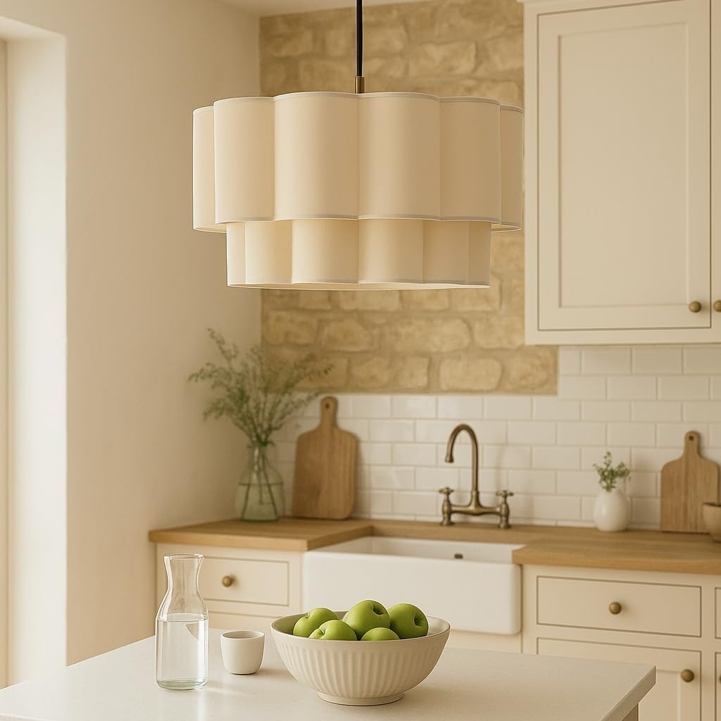 Scalloped Drum Lampshade Neutral Fabric Ceiling Pendant Modern Light
