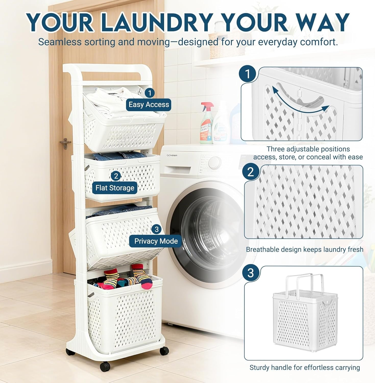 4 Tier Laundry Basket with Wheels 92L – Tall Slim Laundry Sorter with Movable Ba